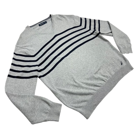 Nautica striped knited Sweater v neck grey blue size L sailor sail long sleeves - Picture 4 of 10